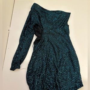 Hello Molly Teal Sequin One-Shoulder Mini Dress